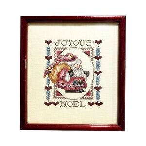 Vintage Joyous Noel Santa Cross Stitch Framed Handmade Christmas Wall Art Decor